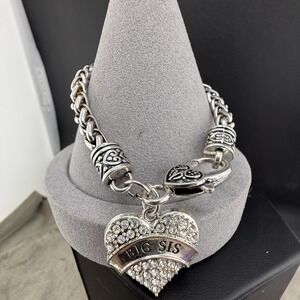Estate Charm Bracelet Silver Tone Heart Big Sis Rhinestone Dangle 7.5"
